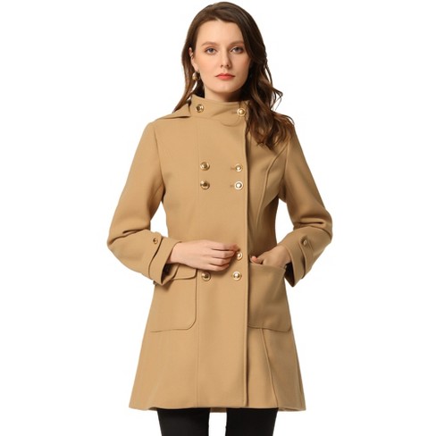 Unique Bargains Women's Winter Overcoat Stand Collar Single Breasted Long  Coat XS Khaki