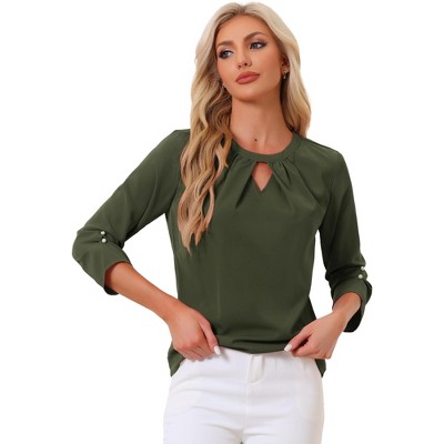 INSPIRE CHIC Women's Work Office Keyhole Pleated Front Ruched 3/4 Sleeve Chiffon Blouse