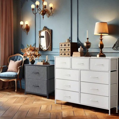 SKRAN 9-Drawer Dresser, Fabric Storage Tower For Bedroom, Tall Chest Organizer Unit With Fabric Bins, Steel Frame, Wood Top, Easy Pull Handle