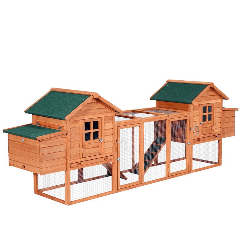 PawHut 124" Dual Chicken Coop, Wooden Large Chicken House, or Rabbit Hutch, Hen Poultry Cage Backyard with Outdoor Ramps and Nesting Boxes, 1 of 10