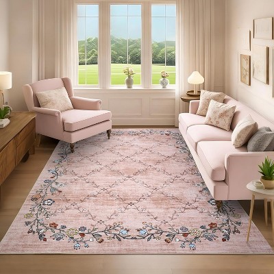 5x7 Pink Floral Rug, Machine Washable Area Rug with Non-Slip Backing, Low Pile Carpet for Living Room Bedroom Modern Farmhouse Style