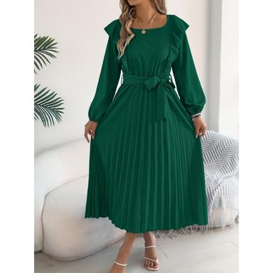 Clearlove Womens Wrap Square Neck Flowy Maxi Dress Long Sleeve Ruffle Pleated Cocktail Wedding Guest Dress - Green,M