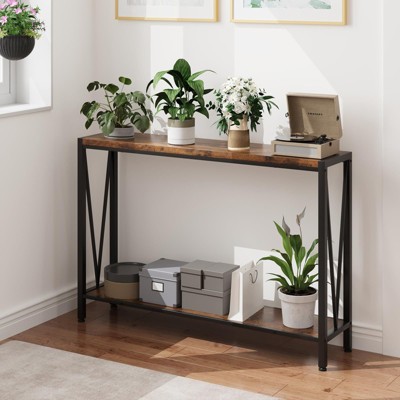 Homhougo Console Table, 43.0" Entryway Table with Storage, Industrial Sofa Table with V Design, 2-Tier Narrow Console Table Brown