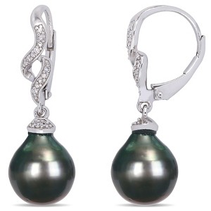 EVERLY JEWELRY | Sterling Silver 9.5-10mm Cultured Black Tahitian Pearl and Diamond Accent Twist Drop Leverback Pearl Earrings - 1 of 4