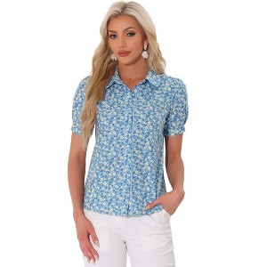 INSPIRE CHIC Women's Peter Pan Collar Contrast Trim Puff Sleeve Peasant Floral Shirt - 1 of 4