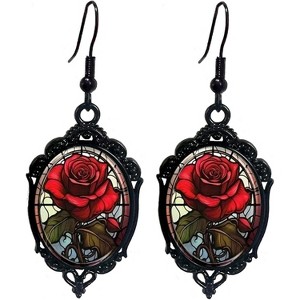 Gothic Rose Cameo Dangle Earrings - Vintage Crystal Glass Flower Drop, Dark Punk Victorian Jewelry - 1 of 4
