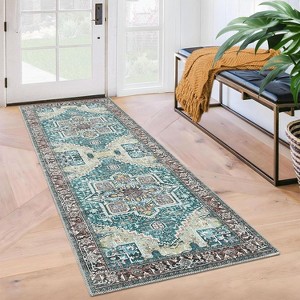 Acekool Boho Washable Rug 5x7 Non-Slip Vintage Runner for Living Room & Bedroom, Soft Low-Pile Carpet in Green/Grey/Orange Brown - 1 of 4