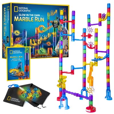 NATIONAL GEOGRAPHIC Glowing Marble Run, 115 Piece Construction Set, 25 Glow in The Dark Glass Marbles, Storage Bag, Educational Creative STEM Toy