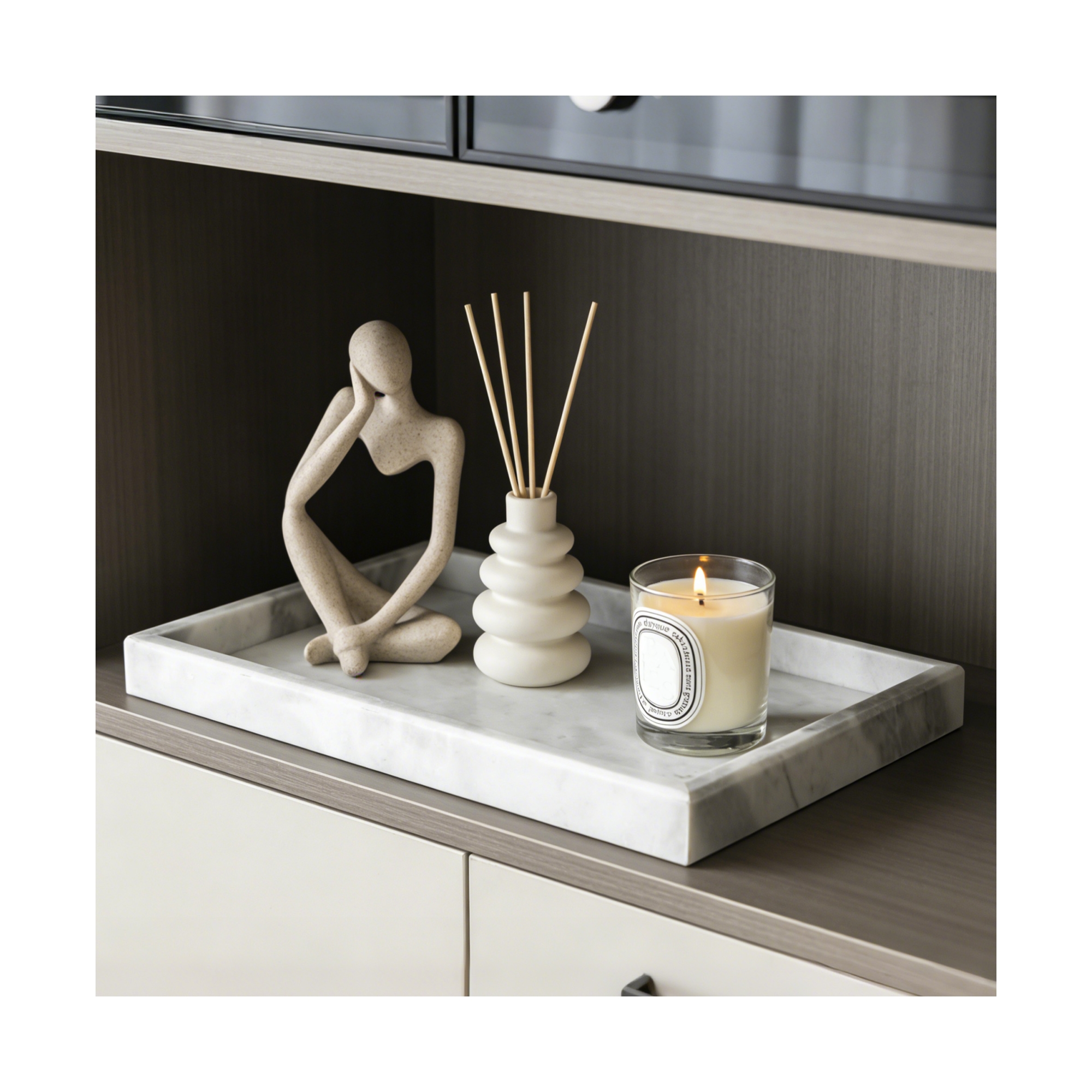 Natural Marble Stone Tray for Bathroom, Rectangular Vanity Serving Tray with Non Slip Mats, Easy Cleaning for Kitchen Bath Dresser
