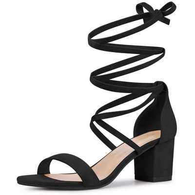Perphy Women's Long Lace Up Open Toe Mid Chunky Open Toe Heel Sandals