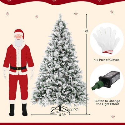 7ft Green and White Pre-Lit Snow Flocked Christmas Tree with Multicolor LED Lights