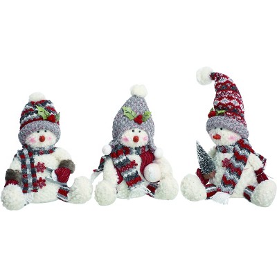 Transpac Fabric 14 in. White Christmas Plush Nordic Sitting Snowman Set of 3