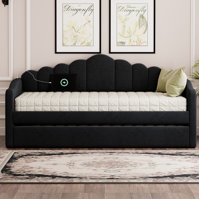 Twin Size Upholstered Daybed with Trundle & USB Charging Ports, Velvet Sofa Bed with Storage Pockets-Baofuwish