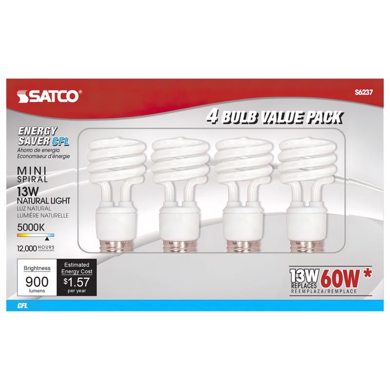 Satco 13 W T2 1.81 in. D X 4.13 in. L CFL Bulb Daylight Spiral 5000 K 4 pk, 1 of 2