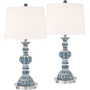 Regency Hill Tanya Coastal Country Cottage Table Lamps Set of 2 with Round Risers 27 1/2" Tall Blue Wash White Fabric Shade for Bedroom Living Room - 1 of 4