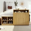 Shoe Cabinet with Bench, 2 Slatted Doors and 3-Tier Adjustable Shelves, Entryway Bench with 4 Open Shoe Racks and Removeble Cushion - 2 of 4