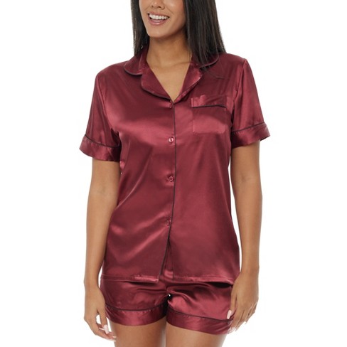 Adr Womens Satin Pajamas Lounge Set Silk Like Short Sleeve Top And Shorts With Pockets Burgundy Medium Target