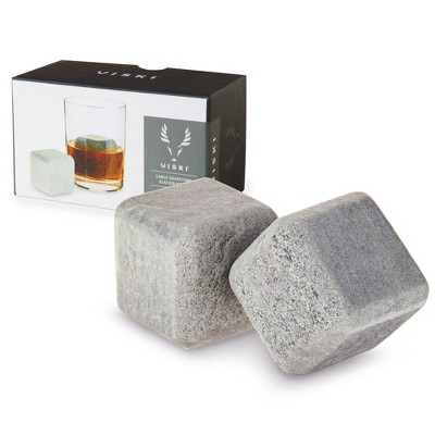 Viski Large Glacier Rocks Soapstone Cubes - Whiskey Ice Cubes, Chill Whiskey Bar Rocks, Large Drink Chillers, Ice Cube Substitute, Set of 2, Grey