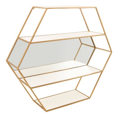 28" x 24" Lintz Hexagon Wall Mirror Shelves White/Gold - Kate & Laurel All Things Decor