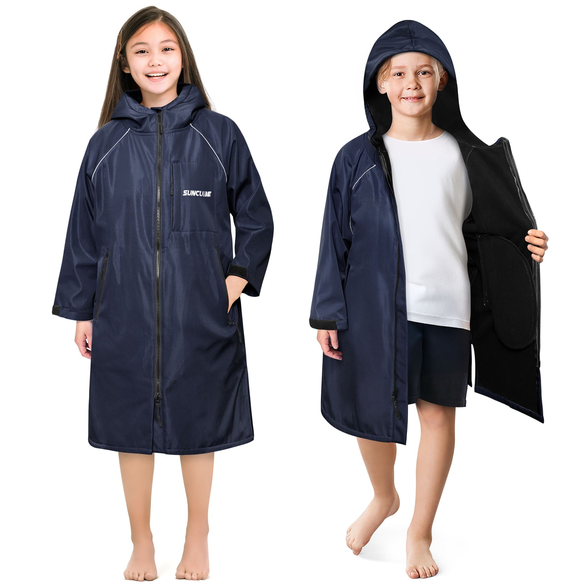 SUN CUBE Swim Parka Boy Girl, Unisex Kids Hooded Changing Robe with Warm Fleece Lining for Swimming, Surfing, Water Sports (Navy Blue, Kids)