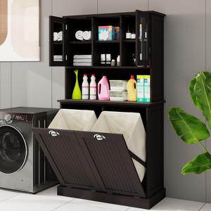 KWPZQEB Double Tilt Out Laundry Hamper Cabinet, Tall Bathroom Cabinet with Glass Doors & Open Shelf, Laundry Room Cabinets for Bathroom, Laundry Room - 1 of 4