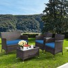 Tangkula 4PCS Patio Rattan Conversation Furniture Set Outdoor w/ Peacock Blue Cushion - 2 of 4