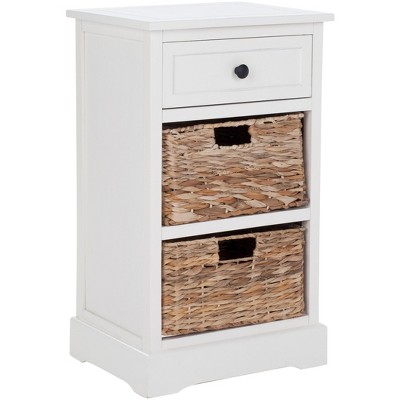 Transitional White Pine Storage Side Table with Wicker Baskets