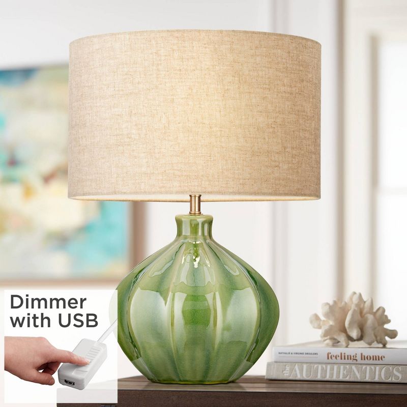 360 Lighting Modern Table Lamp with USB Charging Port 20.5" High Green Ribbed Ceramic Oatmeal Fabric Drum Shade for Bedroom Desk (Color May Vary), 2 of 10