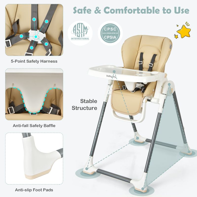 Infans Foldable Baby High Chair w/ Double Removable Trays & Book Holder Beige, 5 of 11