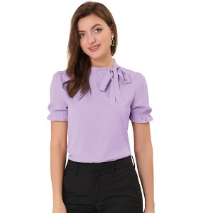 INSPIRE CHIC Women's Bow Tie Neck Solid Color Elastic Cuffs Elegant Office Short Sleeve Blouse - 1 of 4