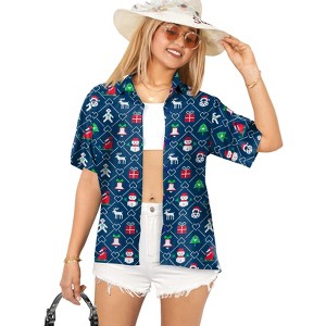 LA LEELA Women's Beach Funny Santa Claus Party Shirt Blouse Button Down Summer Tops Hawaiian Christmas Dresses for Women - 1 of 4