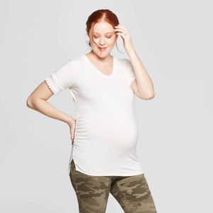 Maternity Short Sleeve V-Neck Lace Trim T-Shirt - Isabel Maternity by Ingrid & Isabel Cream XS, Women