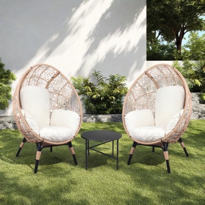 FURNIinspire Patio Seating Sets 3 Pieces Patio Egg Chairs With Black Side Table, Rattan Egg Chairs With Beige Cushion, Natural Color, 34“*37”*54“