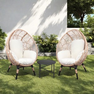 FURNIinspire Patio Seating Sets 3 Pieces Patio Egg Chairs With Black Side Table, Rattan Egg Chairs With Beige Cushion, Natural Color, 34“*37”*54“ - 1 of 4