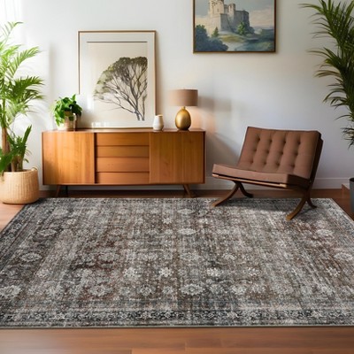 Washable Hallway Runner Rug, Vintage Oriental Floral Low Pile Carpet, Non-Slip & Stain Resistant