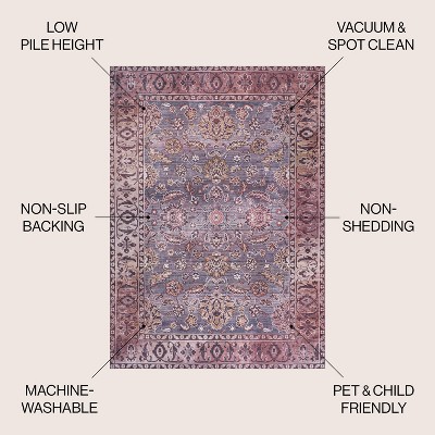 Gray and Plum Persian Floral Machine-Washable 4' x 6' Area Rug