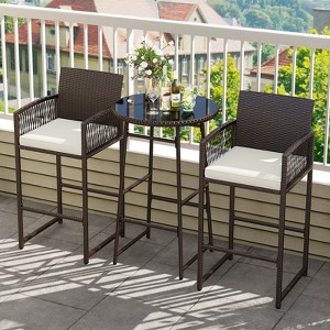 Costway 3 Piece Wicker Patio Bar Set with 2 Seat Cushions Glass Tabletop for Backyard - 1 of 4