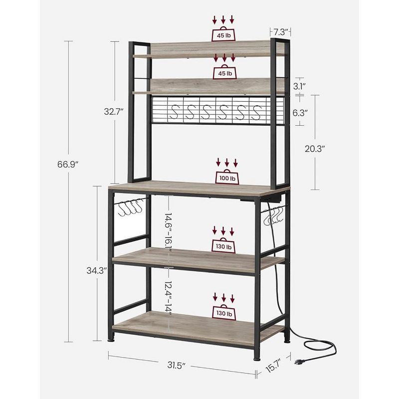 VASAGLE Hutch Bakers Rack with Power Outlet, 14 Hooks Microwave Stand, Adjustable Coffee Bar with Metal Wire Panel, Kitchen Storage Shelf, 3 of 10