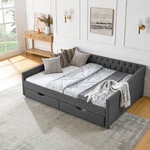 Lyngins Daybed,Upholstered Button Tufted Sofa Bed with 2 Drawers,Waved Shape Arms with Copper Nail,Bed Frame for Bedroom,Living Room - 1 of 4