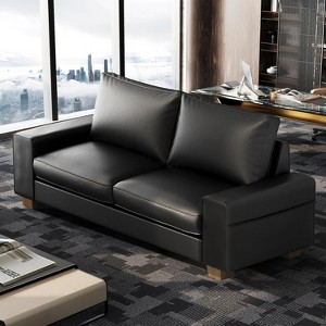 Elegant Faux Leather Sofa with Side Pockets and Comfortable Cushions - 1 of 2