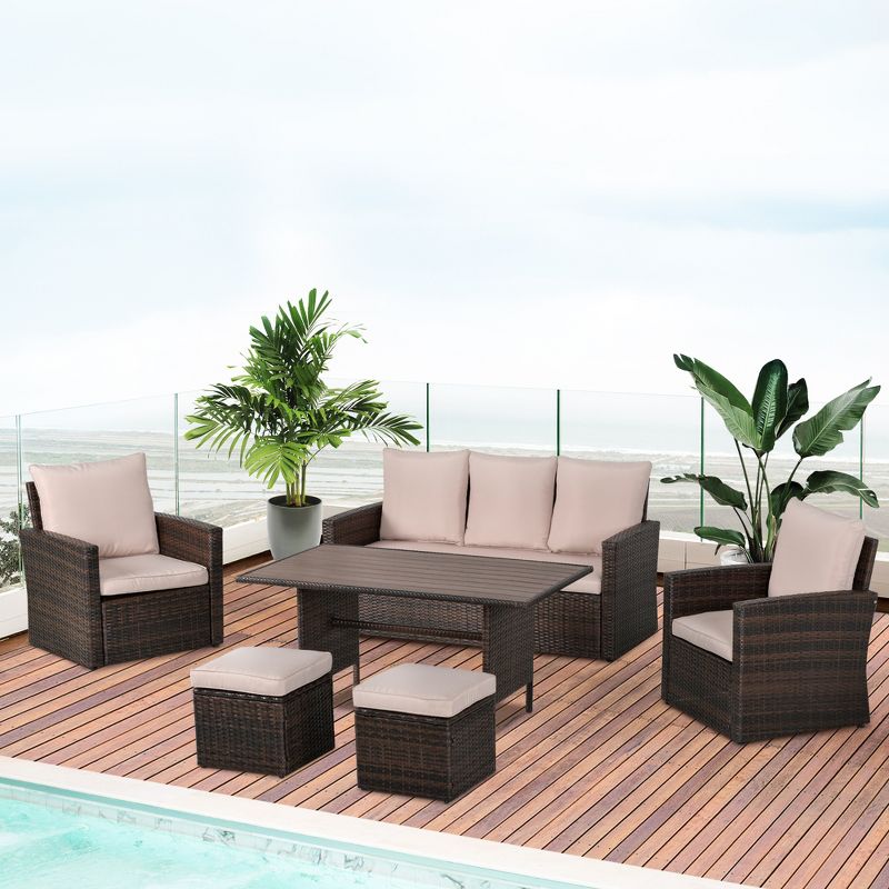 Outsunny 6 PCS Patio Dining Set All Weather Rattan Wicker Furniture Set with Wood Grain Top Table and Soft Cushions, 3 of 9