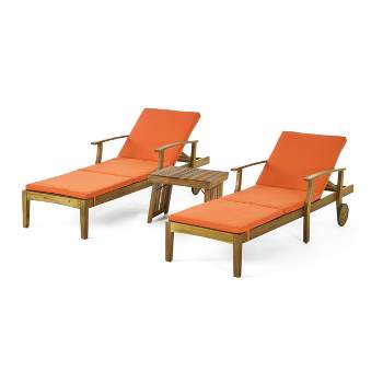Perla 3pc Outdoor Acacia Wood Chaise Lounge Set with Cushions - Teak/Orange - Christopher Knight Home