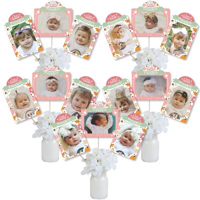 Big Dot of Happiness Girl Little Pumpkin - Fall Birthday Party or Baby Shower Picture Centerpiece Sticks - Photo Table Toppers - 15 Pieces