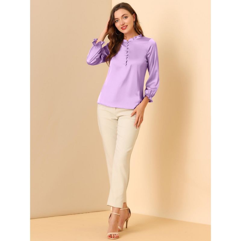 Allegra K Women's Ruffle Neck Long Sleeve Elastic Cuff Button Work Office Satin Shirt Blouse, 2 of 7