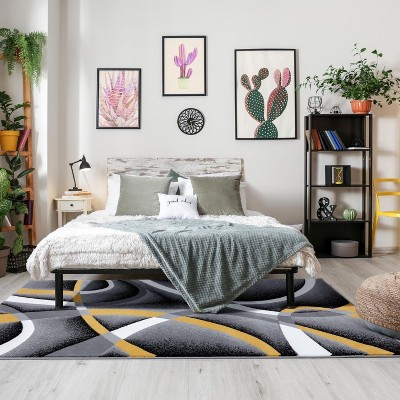 Yellow and Gray Abstract High Pile Polypropylene Area Rug