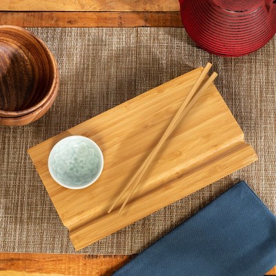 Burnished Bamboo Rectangular Sushi Board Set with Ceramic Dish