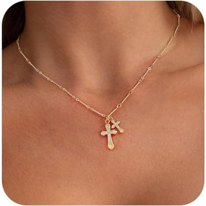 Dainty Gold Cross Necklace for Women, 14K Gold Plated Small Pendant Choker Gold-Double Cross - 1 of 4