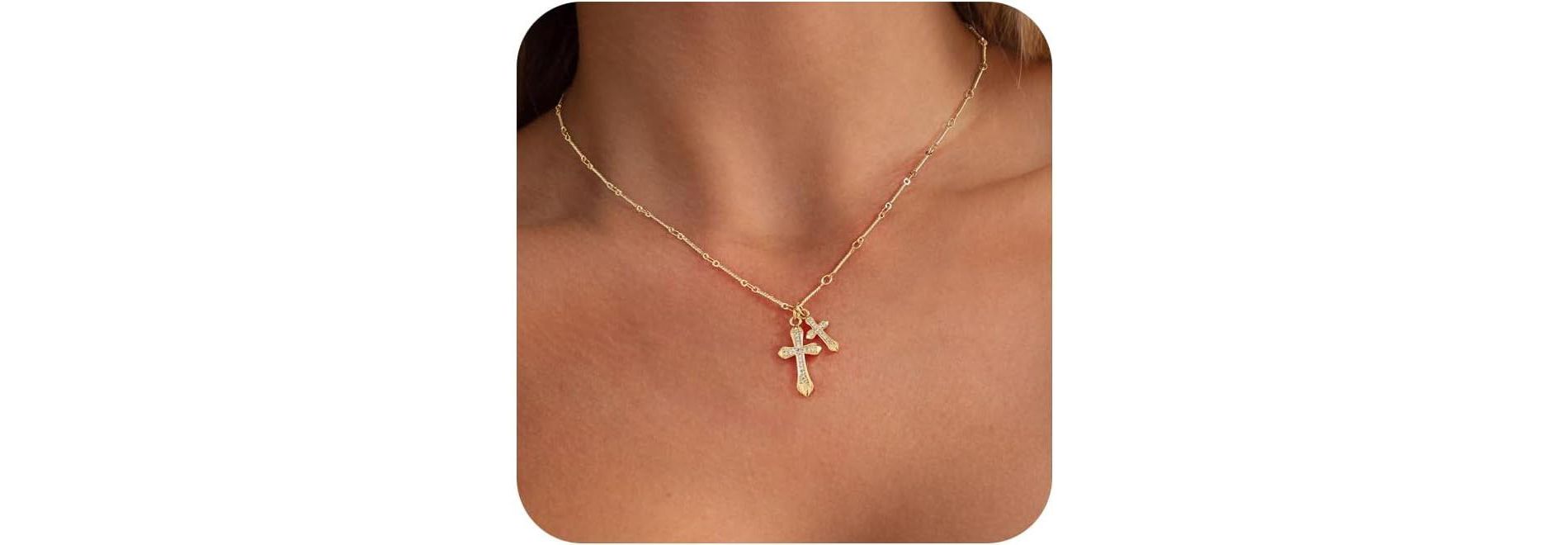 SmallRig Dainty Gold Cross Necklace, 14K Gold Plated Small Pendant Choker for Women
