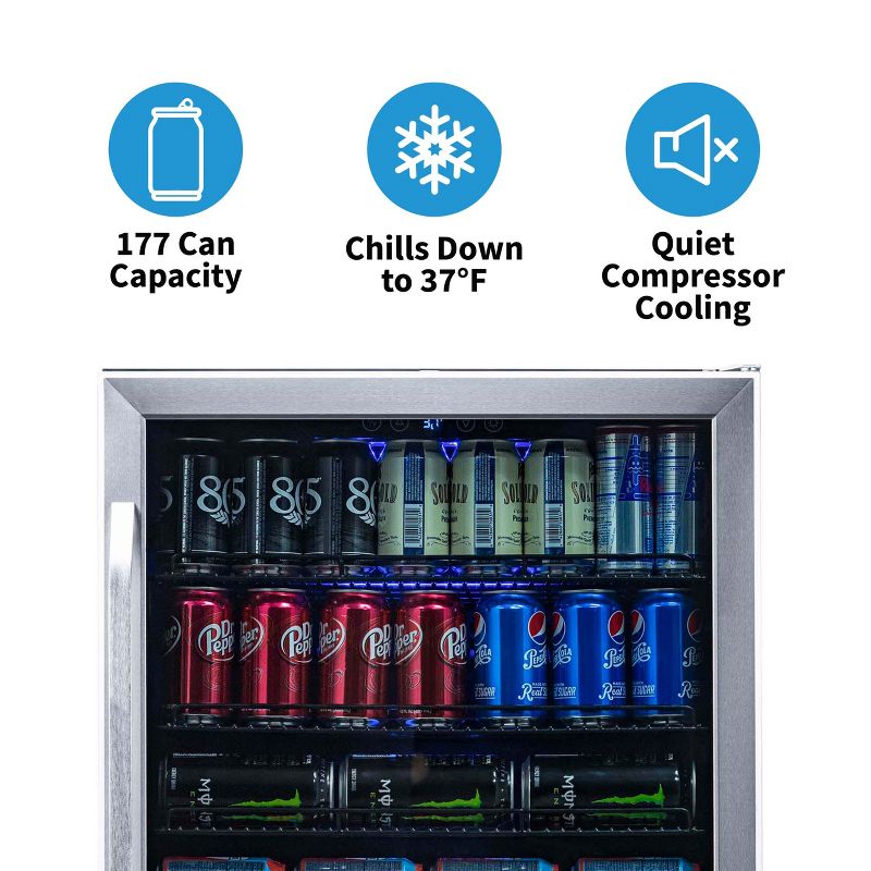 Newair 24" Built-in 177 Can Beverage Fridge in Stainless Steel with Precision Temperature Controls, Compact Drinks Cooler, Bar Refrigerator, 3 of 12