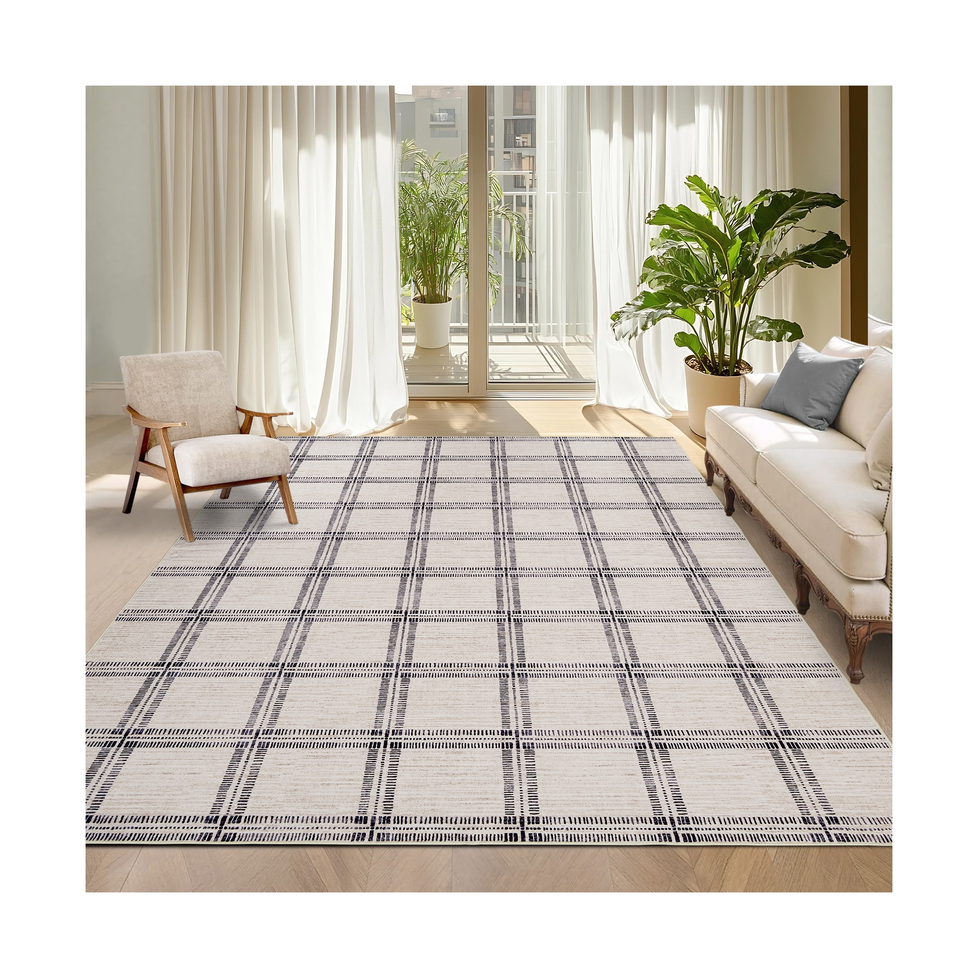 Ultra-Soft Modern Plaid Area Rug – Washable Low Pile Geometric Carpet – Non-Slip, Mark-Resistant, Collapsible – Perfect for Living Room